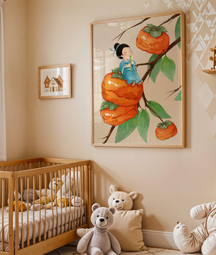 Child playing flute on persimmon-filled tree in whimsical illustration