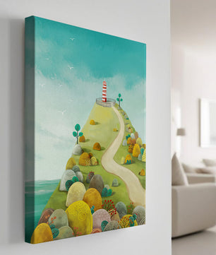 Charming lighthouse illustration on a scenic hilltop