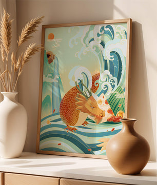 Dragon mythique au milieu de vagues stylisées et de montagnes aux couleurs vives