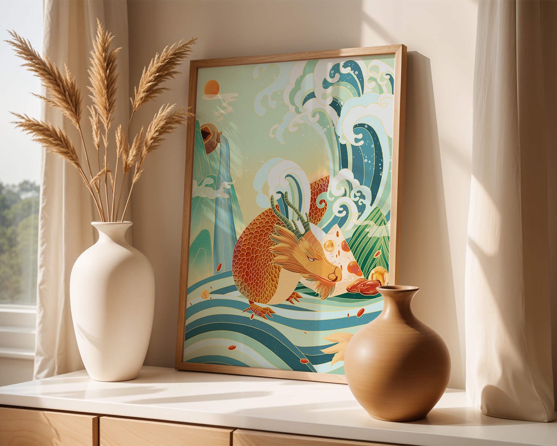 Mythical dragon amidst stylized waves and mountains in vibrant colors