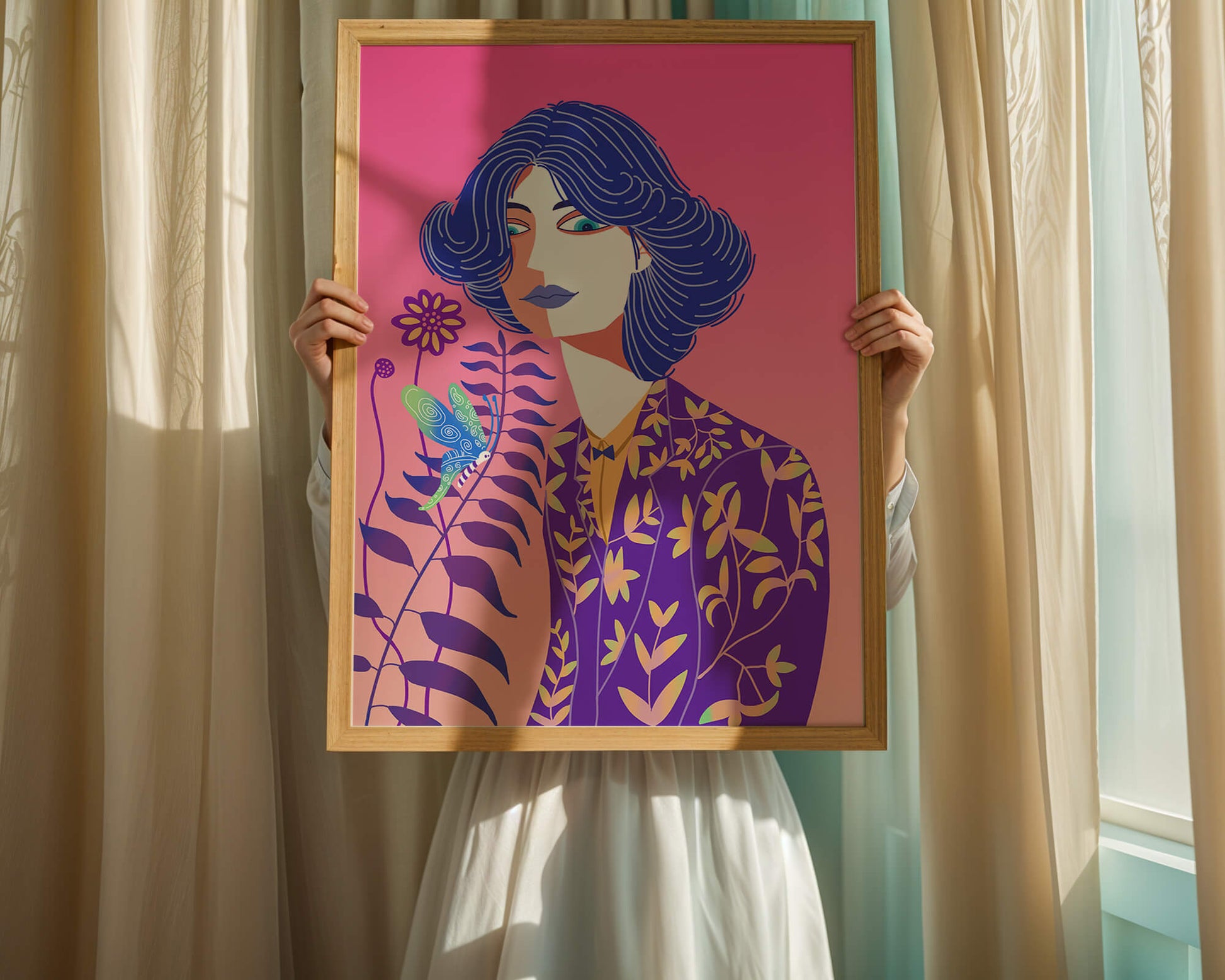 Stylized Portrait of a Woman with Blue Hair and Botanical Pattern