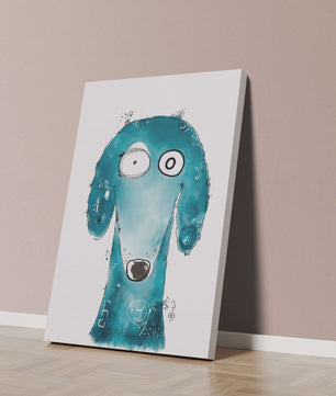Illustration fantaisiste d’un chien bleu aux traits expressifs