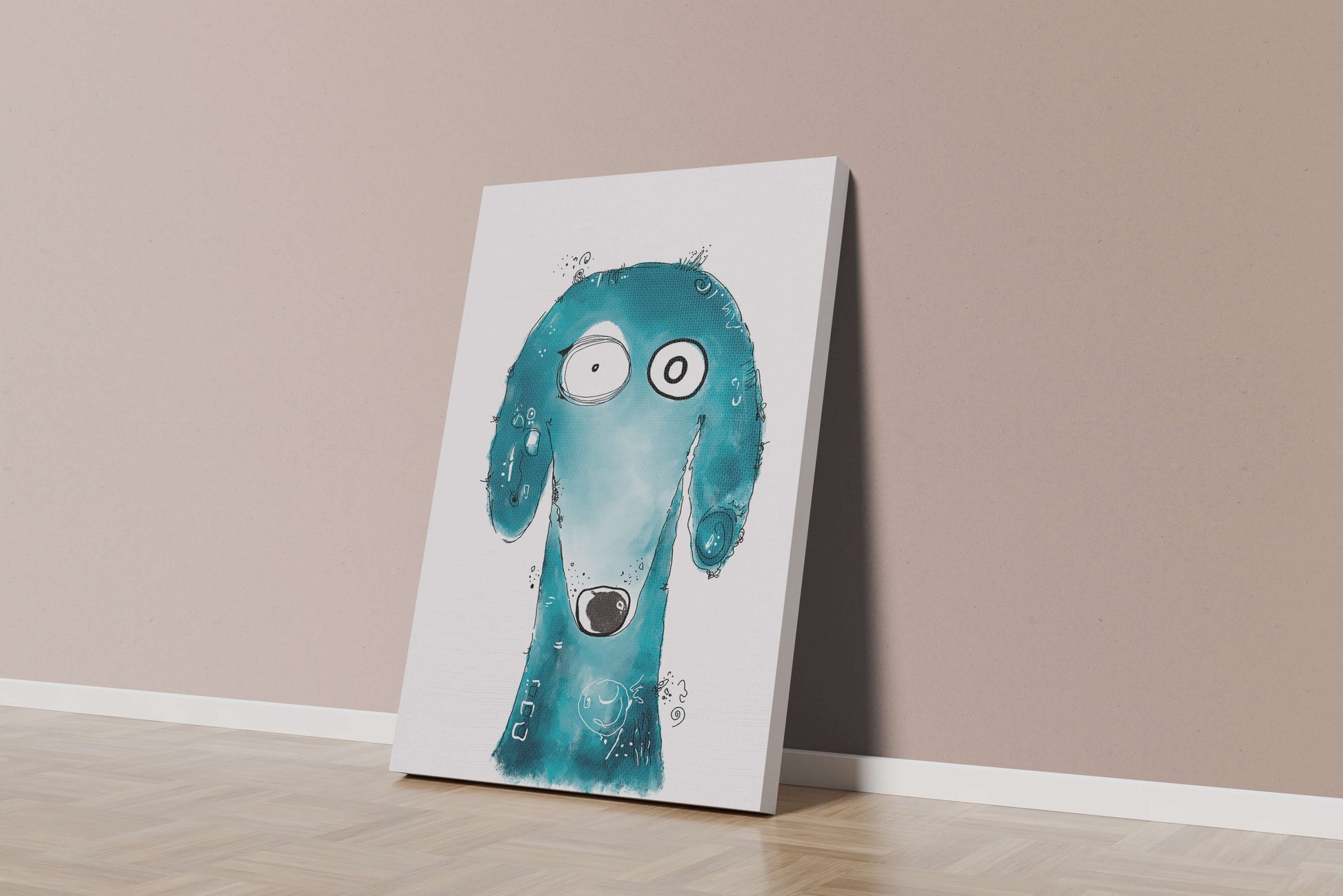 Whimsical blue dog illustration with expressive features
