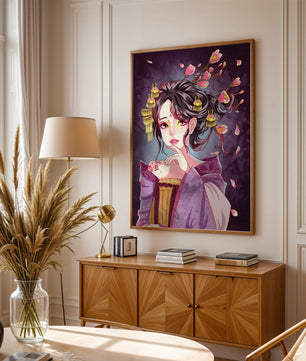 Retrato de anime elegante con acentos florales y dorados