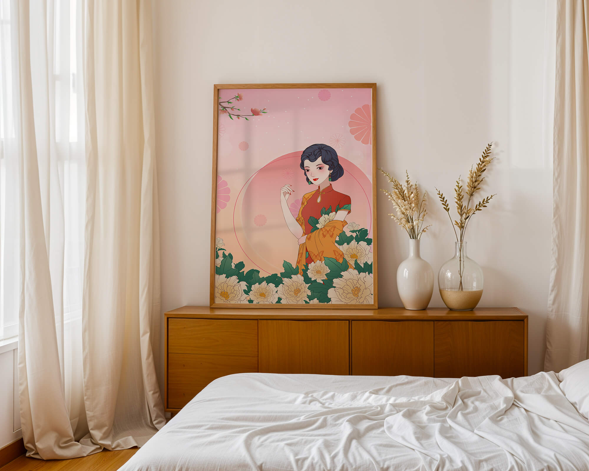 Elegant Woman in Traditional Asian Dress with Floral Background - Mi tienda