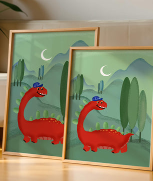 Whimsical red dinosaur in a serene nighttime forest