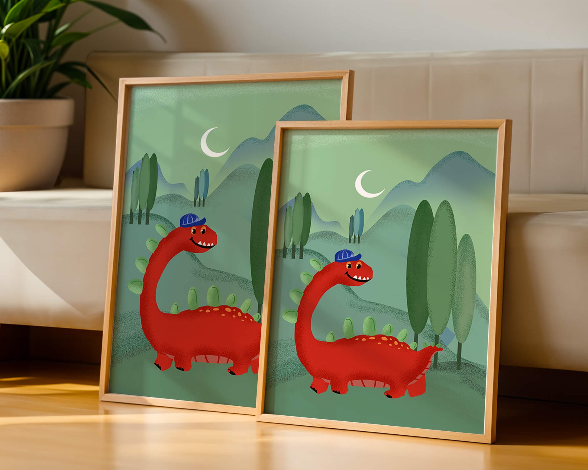 Whimsical red dinosaur in a serene nighttime forest