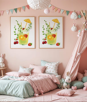 Refreshing summer drink illustration with fruits and greenery
