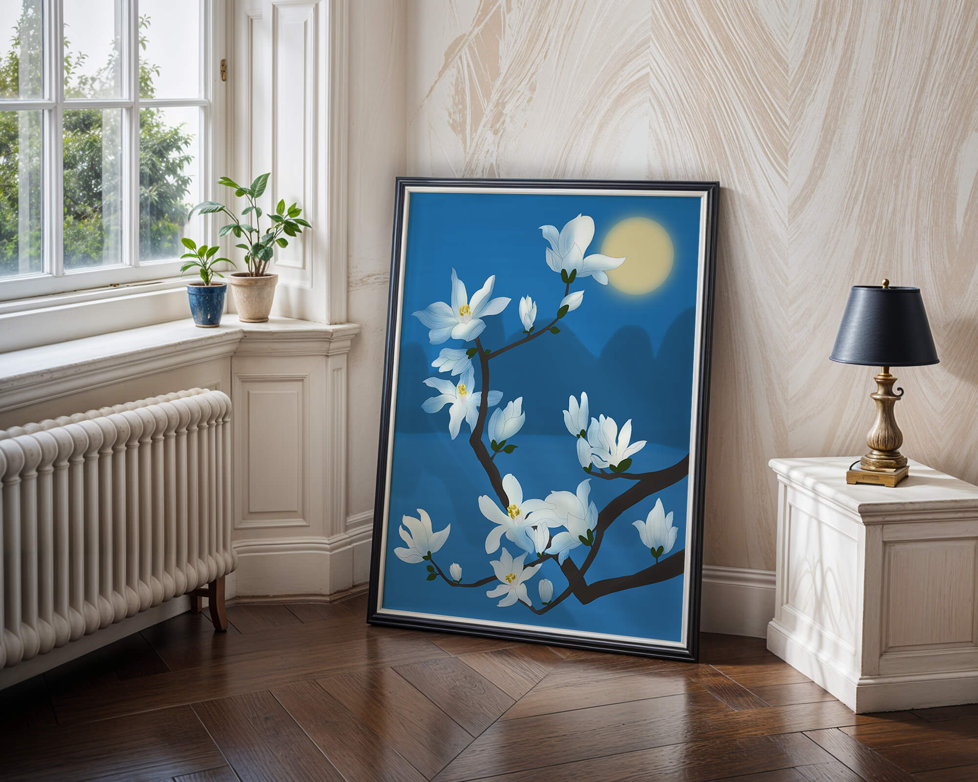 White magnolia branch under moonlight with blue background