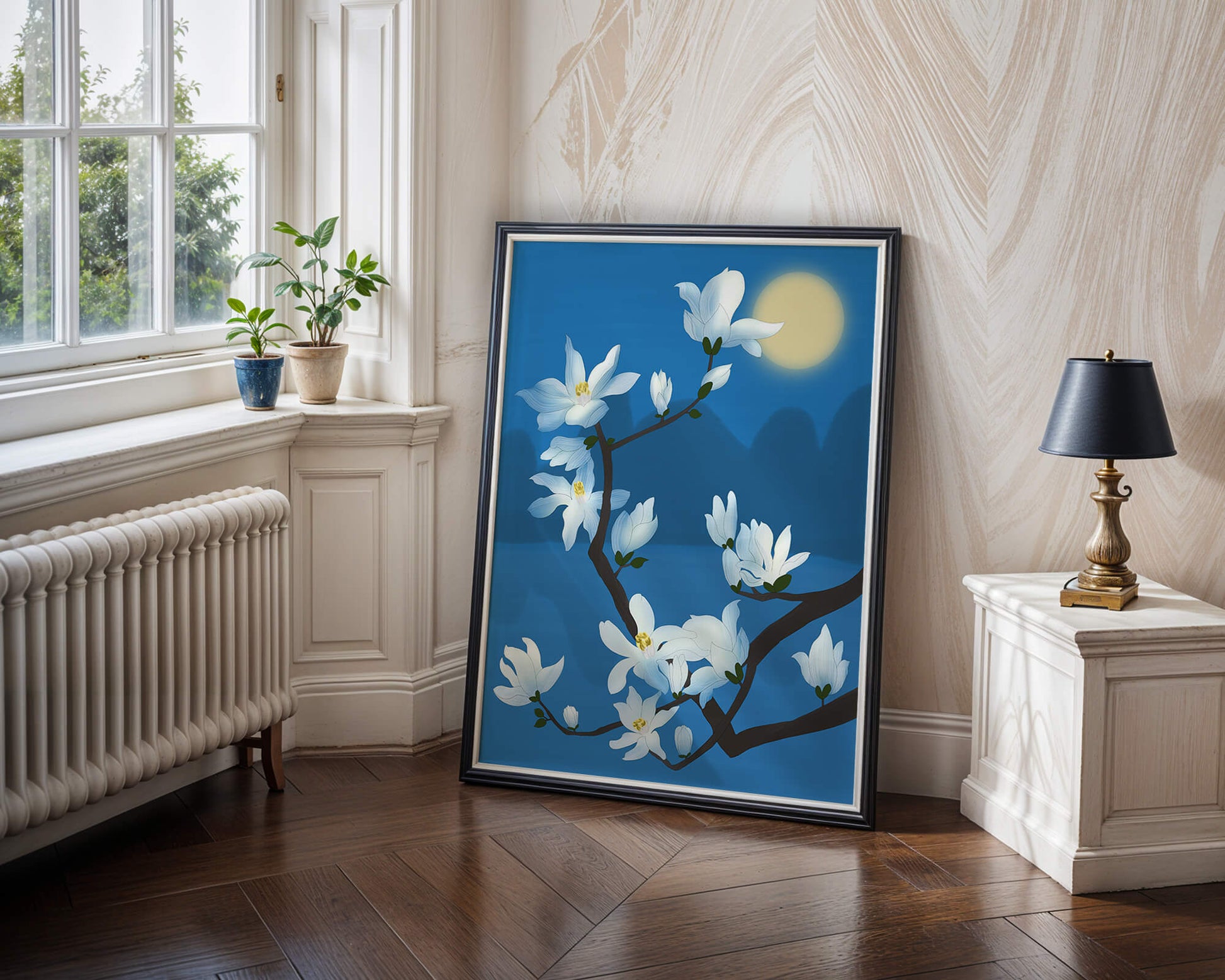 White magnolia branch under moonlight with blue background