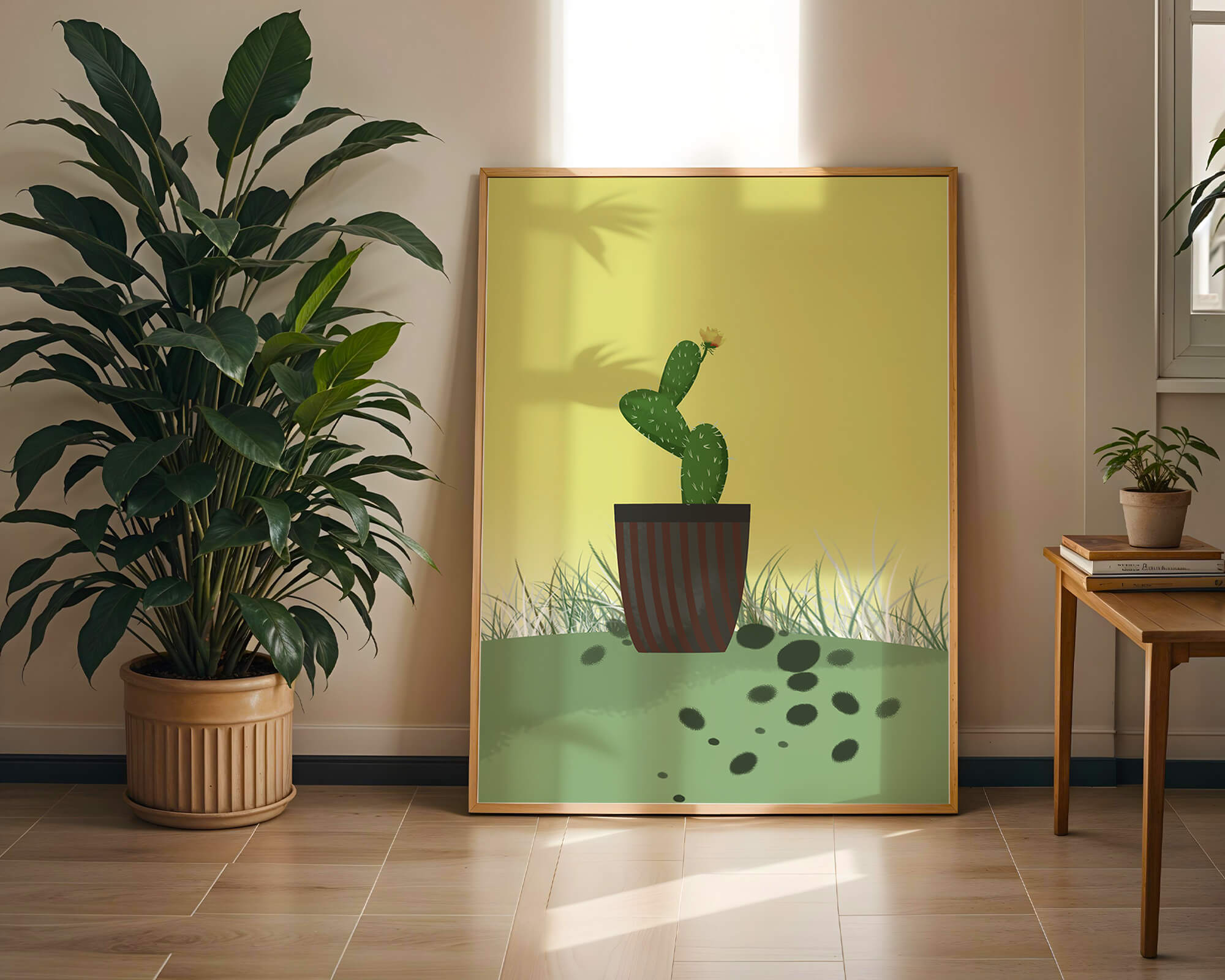 Illustration of a potted cactus with flower on soft background