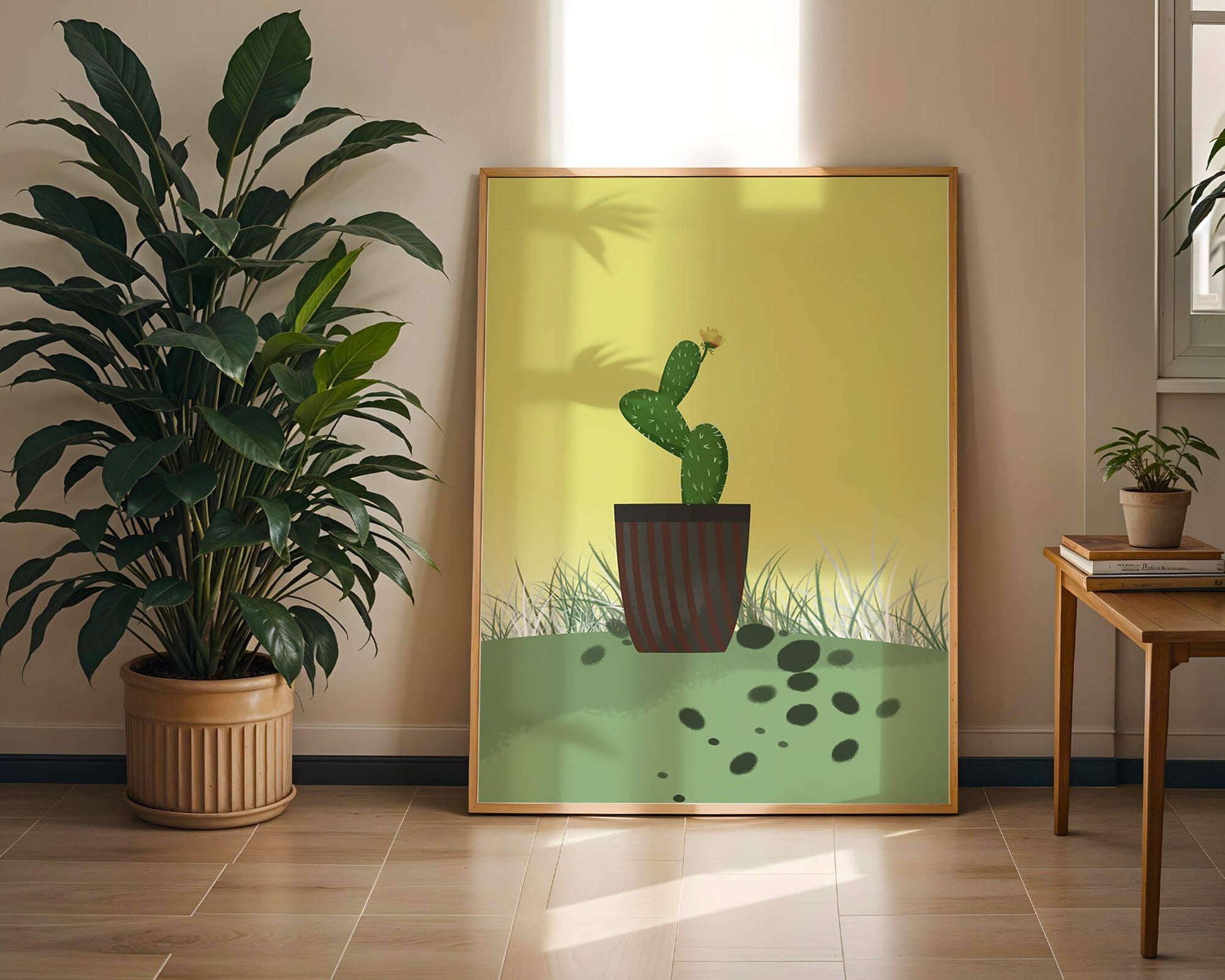 Illustration of a potted cactus with flower on soft background