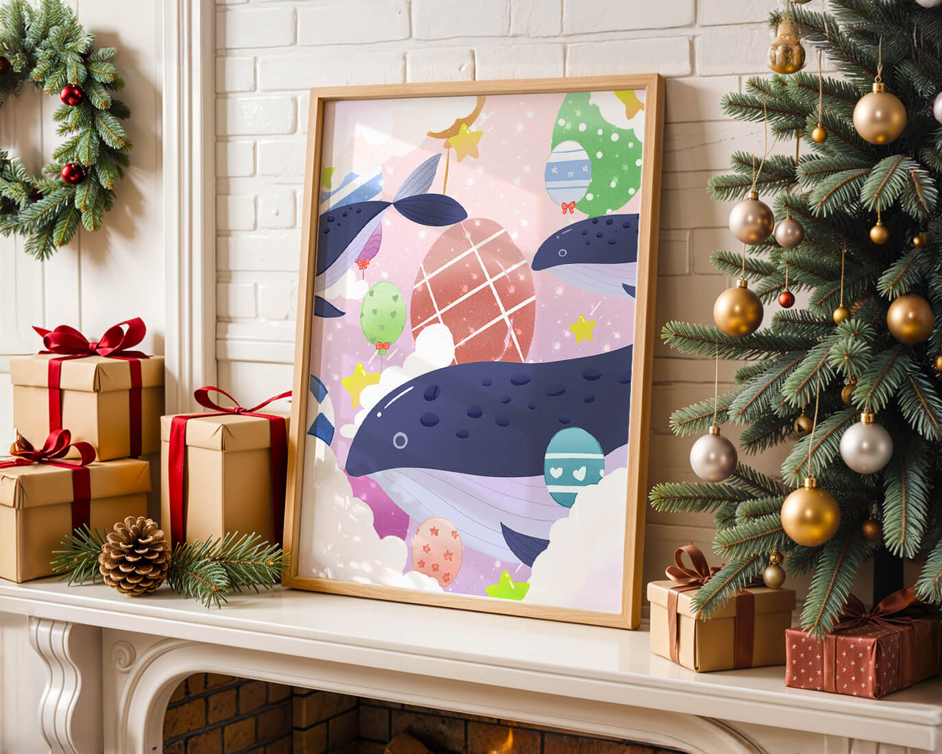 Whimsical illustration of whales and floating stars with colorful eggs
