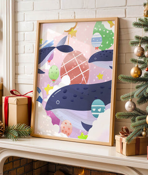 Whimsical illustration of whales and floating stars with colorful eggs