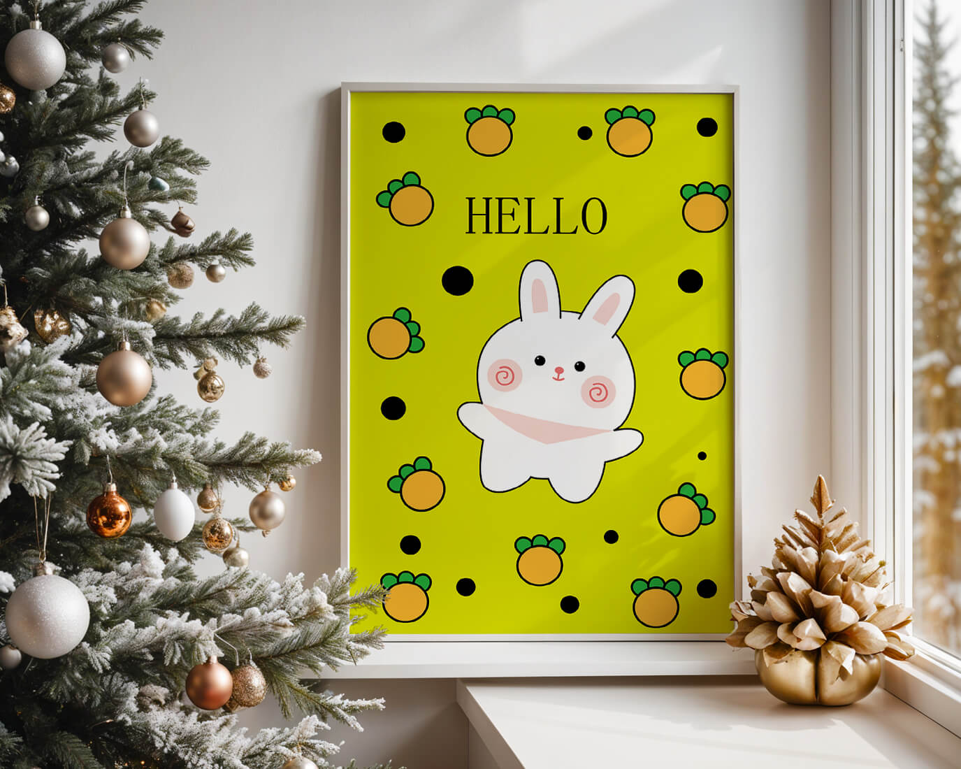 Charming rabbit cartoon illustration on yellow background with orange elements