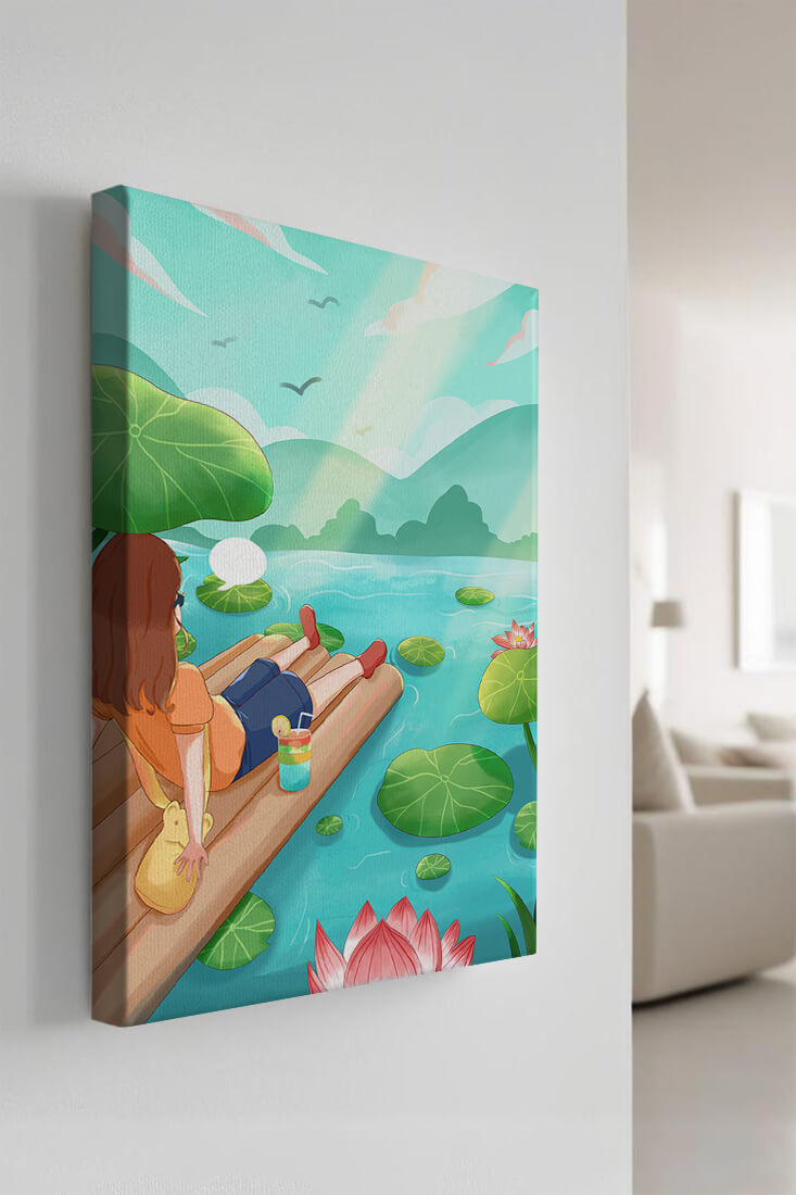 Peaceful lake scene with raft and relaxing atmosphere