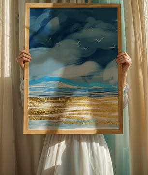 Dynamic Ocean Waves Under Cloudy Sky With Seagulls And Gold-Tinted Sand