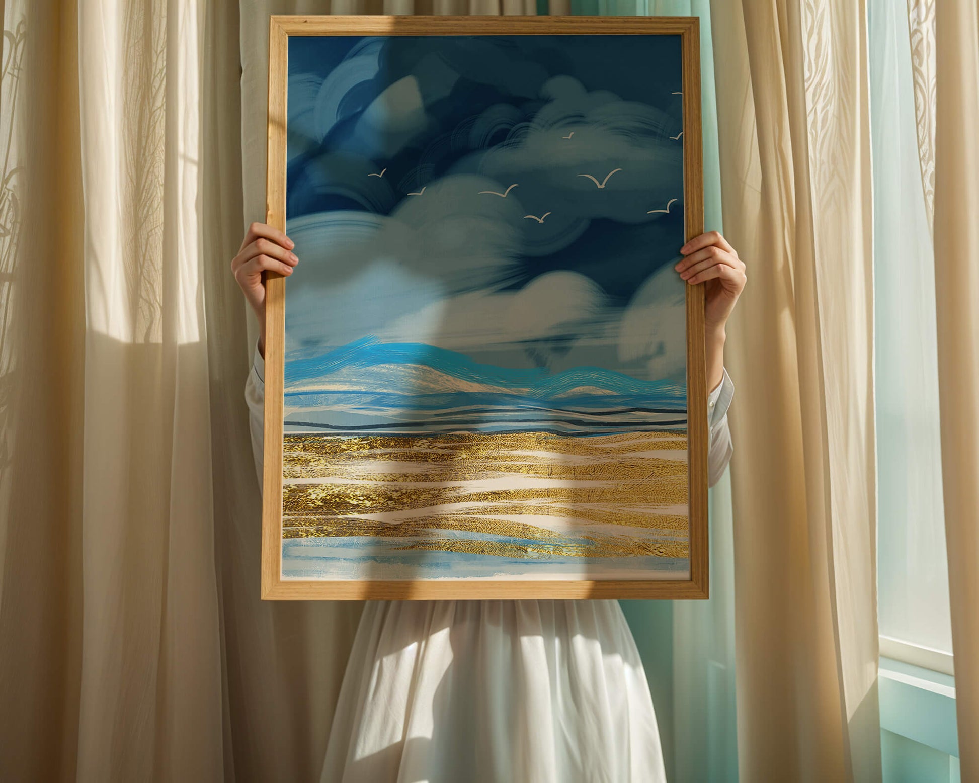 Dynamic Ocean Waves Under Cloudy Sky With Seagulls And Gold-Tinted Sand