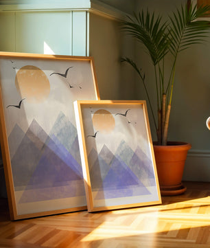 Abstract Mountain Landscape with Geometric Elements and Soaring Birds