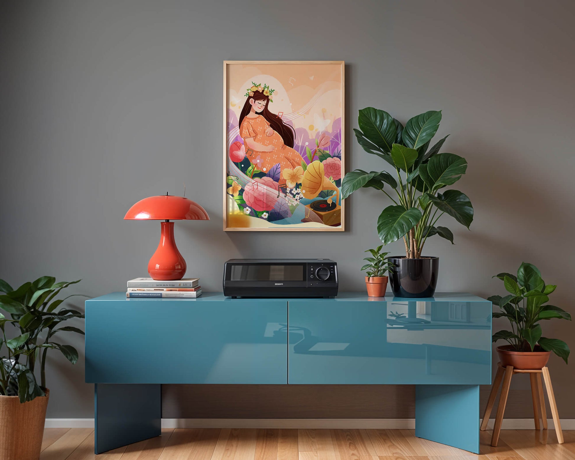 Woman in nature with flowers and musical notes