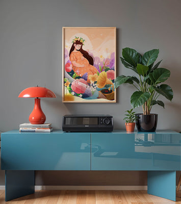 Woman in nature with flowers and musical notes