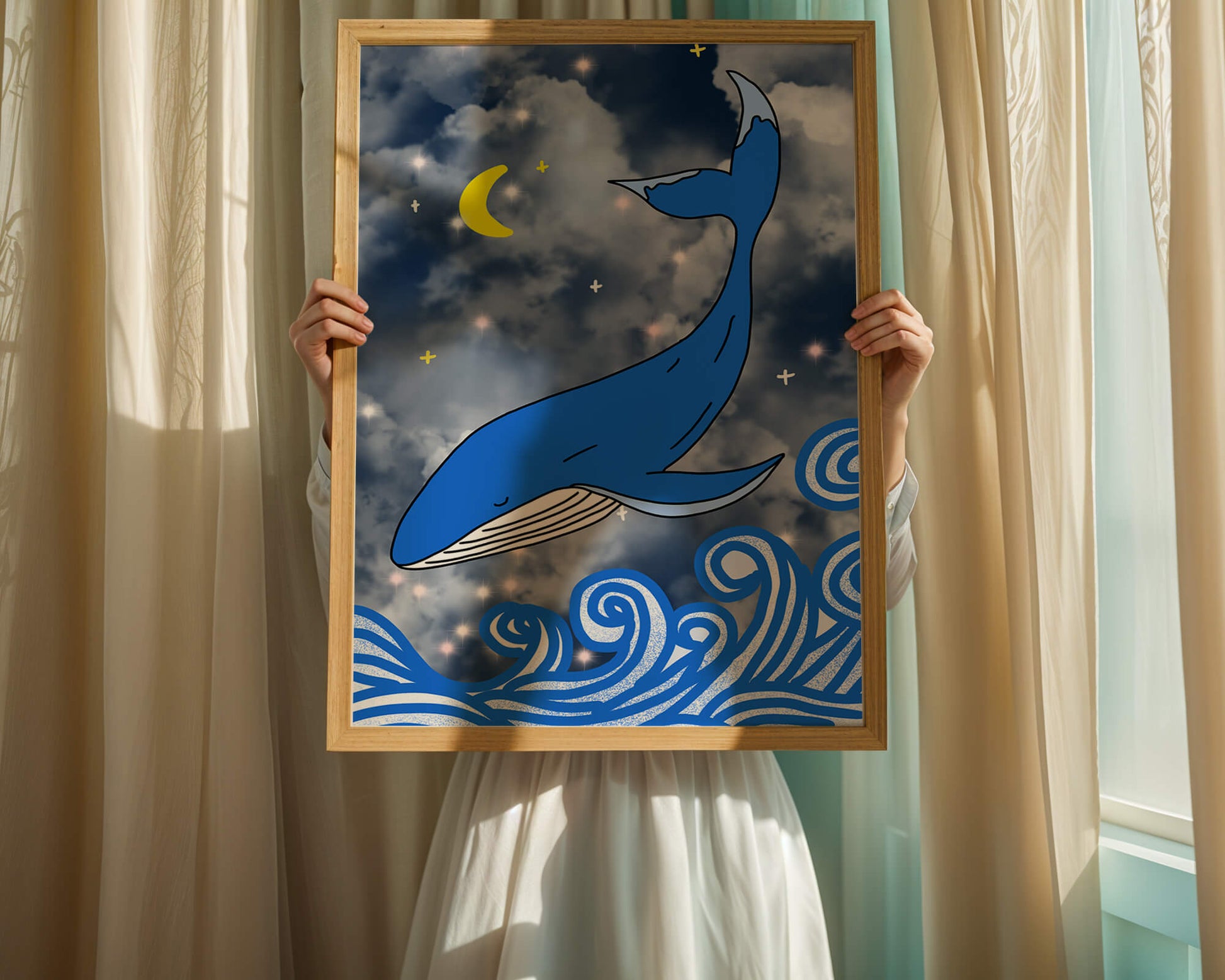 Whimsical blue whale in a starry night ocean scene
