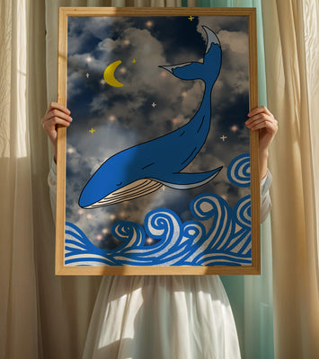 Whimsical blue whale in a starry night ocean scene