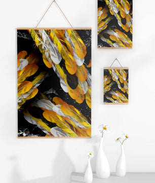 Abstract Composition with Yellow and White Feathers on a Black Background - Mi tienda