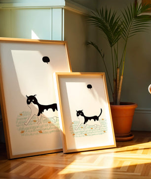 Whimsical cat illustration in field of flowers