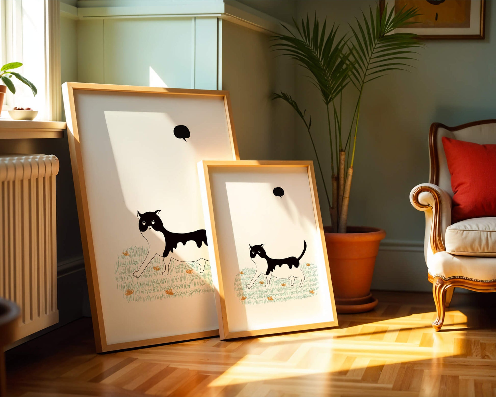 Whimsical cat illustration in field of flowers