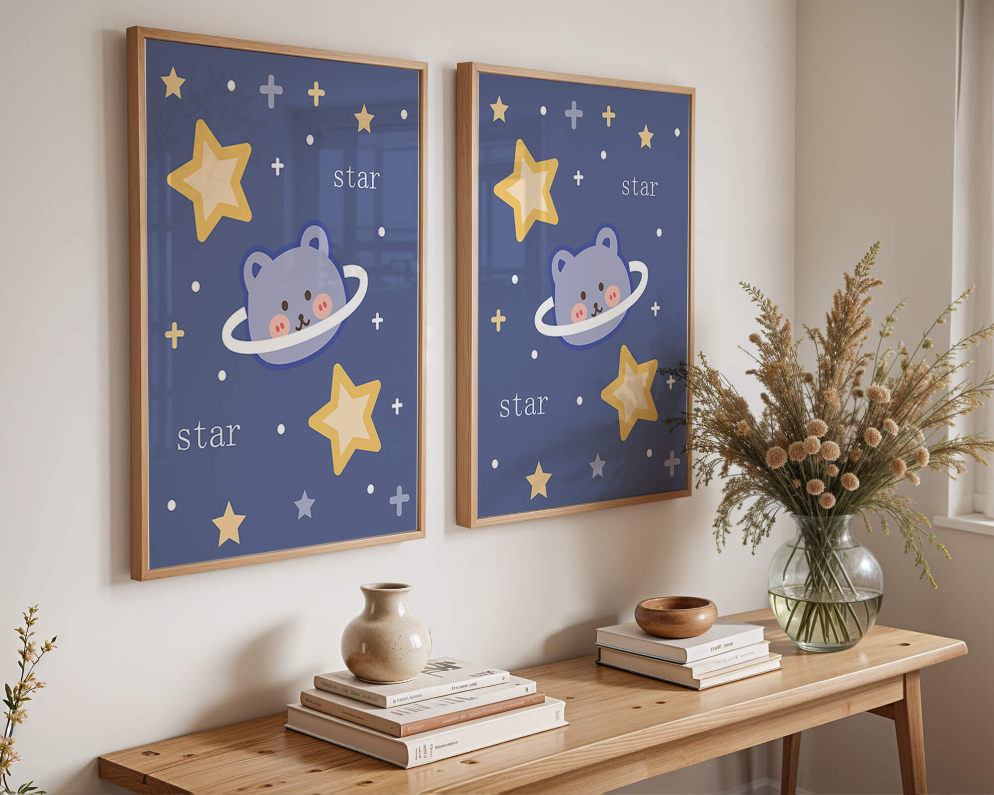 Adorable cartoon bear with stars on a blue background