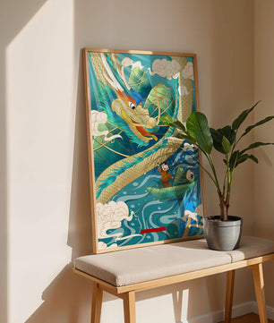 Colorful dragon and child illustration with vibrant waves and clouds