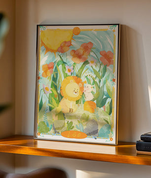 Charming watercolor illustration of lion and rabbit in a vibrant floral landscape
