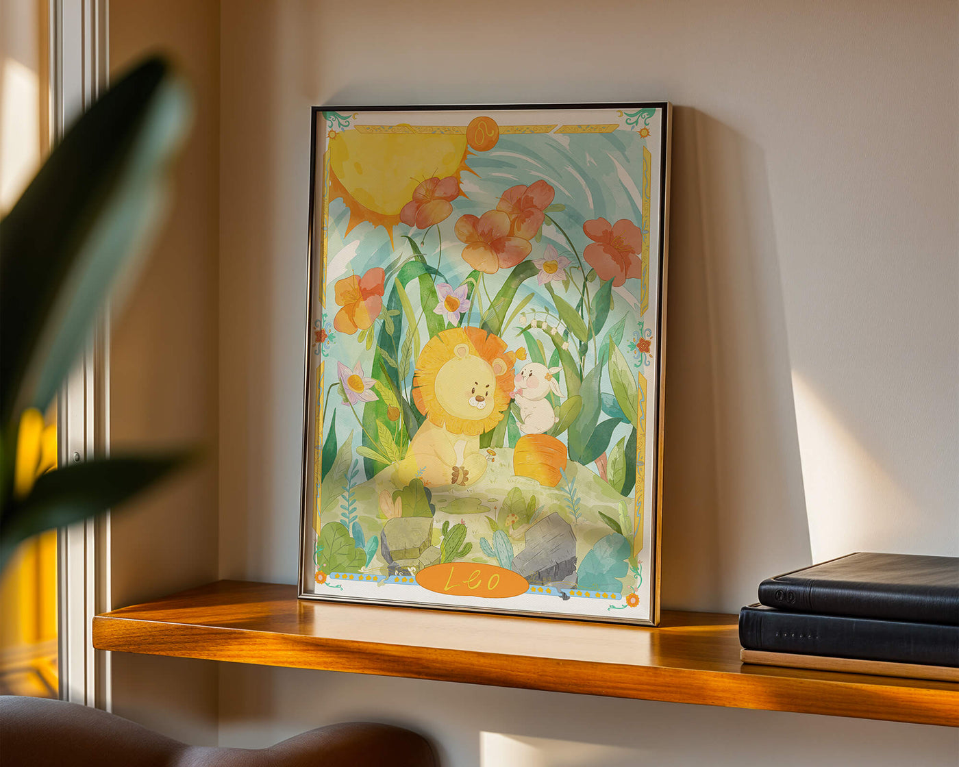 Charming watercolor illustration of lion and rabbit in a vibrant floral landscape