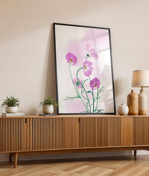 Delicadas flores de cosmos rosa sobre un fondo pastel suave