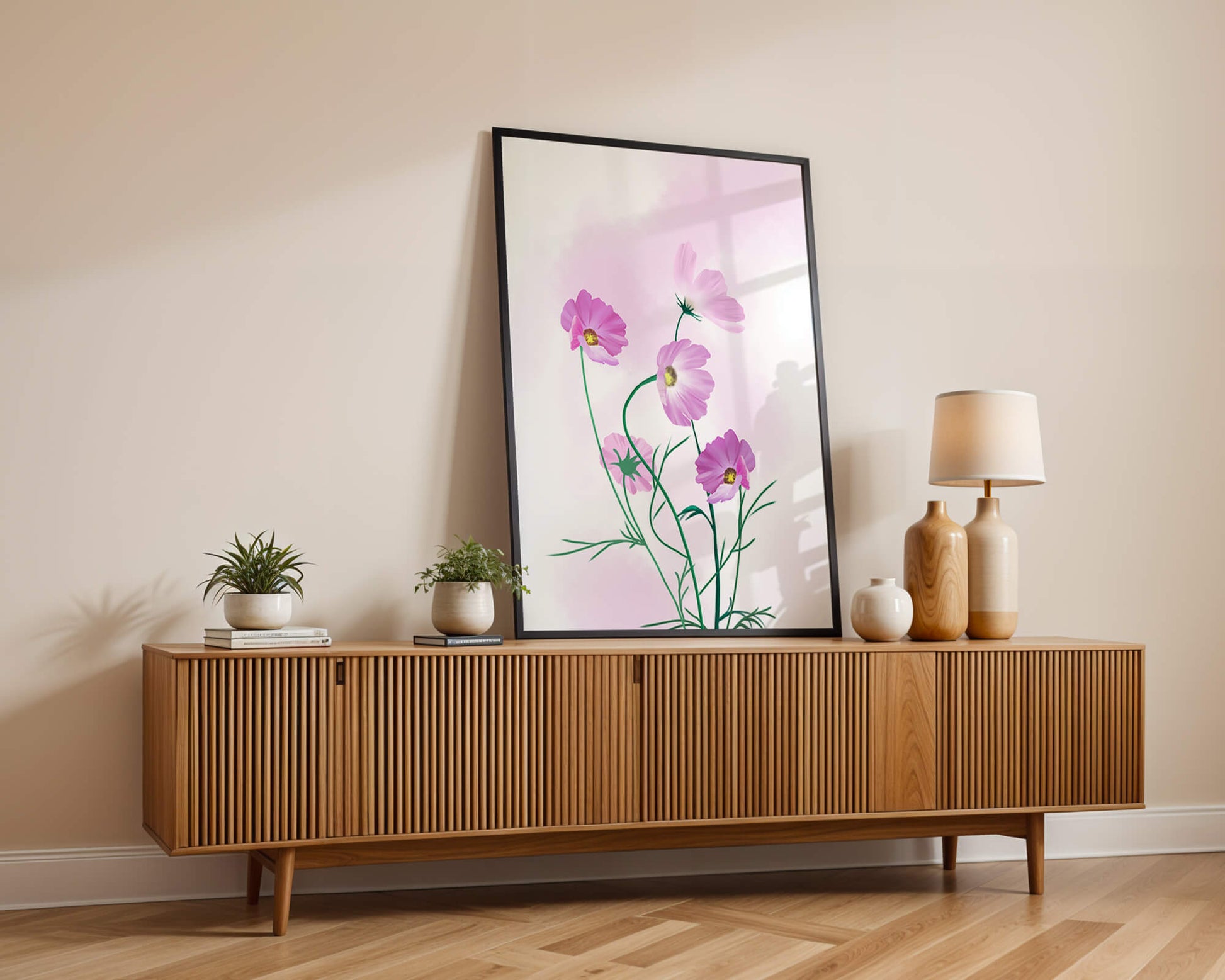 Delicate Pink Cosmos Flowers on Soft Pastel Background