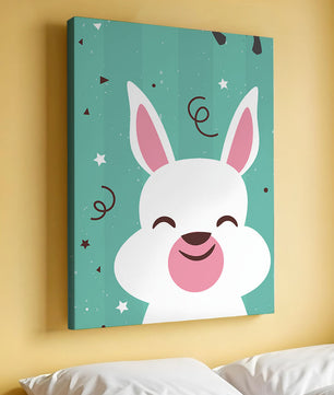 Adorable cartoon bunny on teal background with playful elements