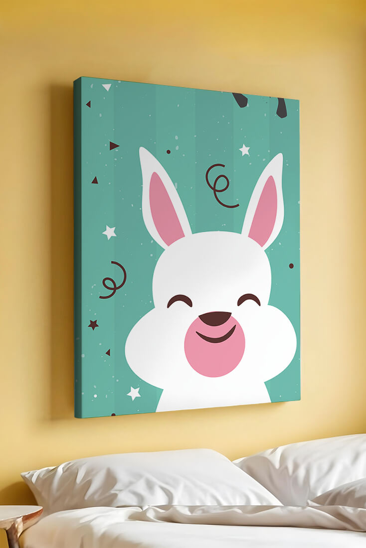 Adorable cartoon bunny on teal background with playful elements