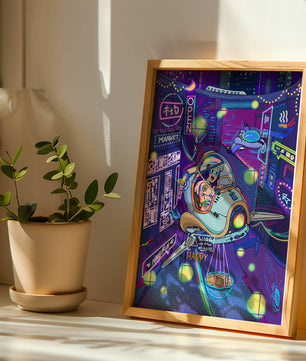 Paisaje urbano futurista con luces de neón y un vehículo volador