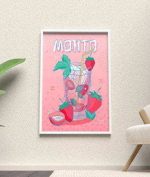 Ilustración de un mojito de fresa con fondo rosa vibrante y diseño juguetón