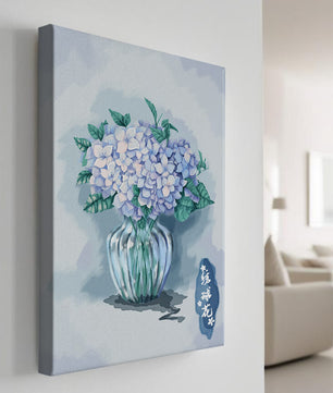 Aquarell Hortensien in einer Glasvase mit chinesischen Schriftzeichen