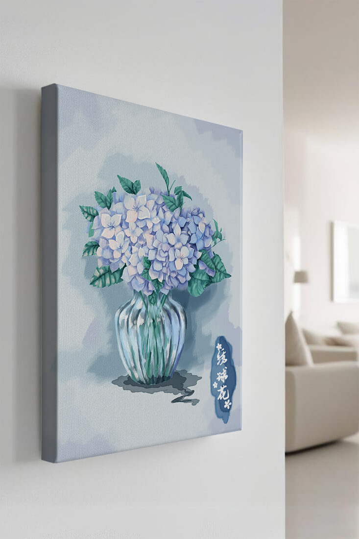 Aquarell Hortensien in einer Glasvase mit chinesischen Schriftzeichen