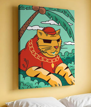 Stylish cartoon tiger lounging under a tropical palm tree with gold accessories