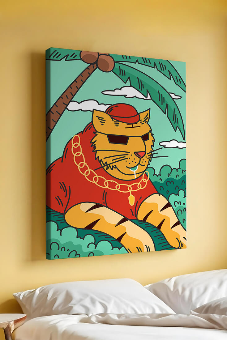 Stylish cartoon tiger lounging under a tropical palm tree with gold accessories