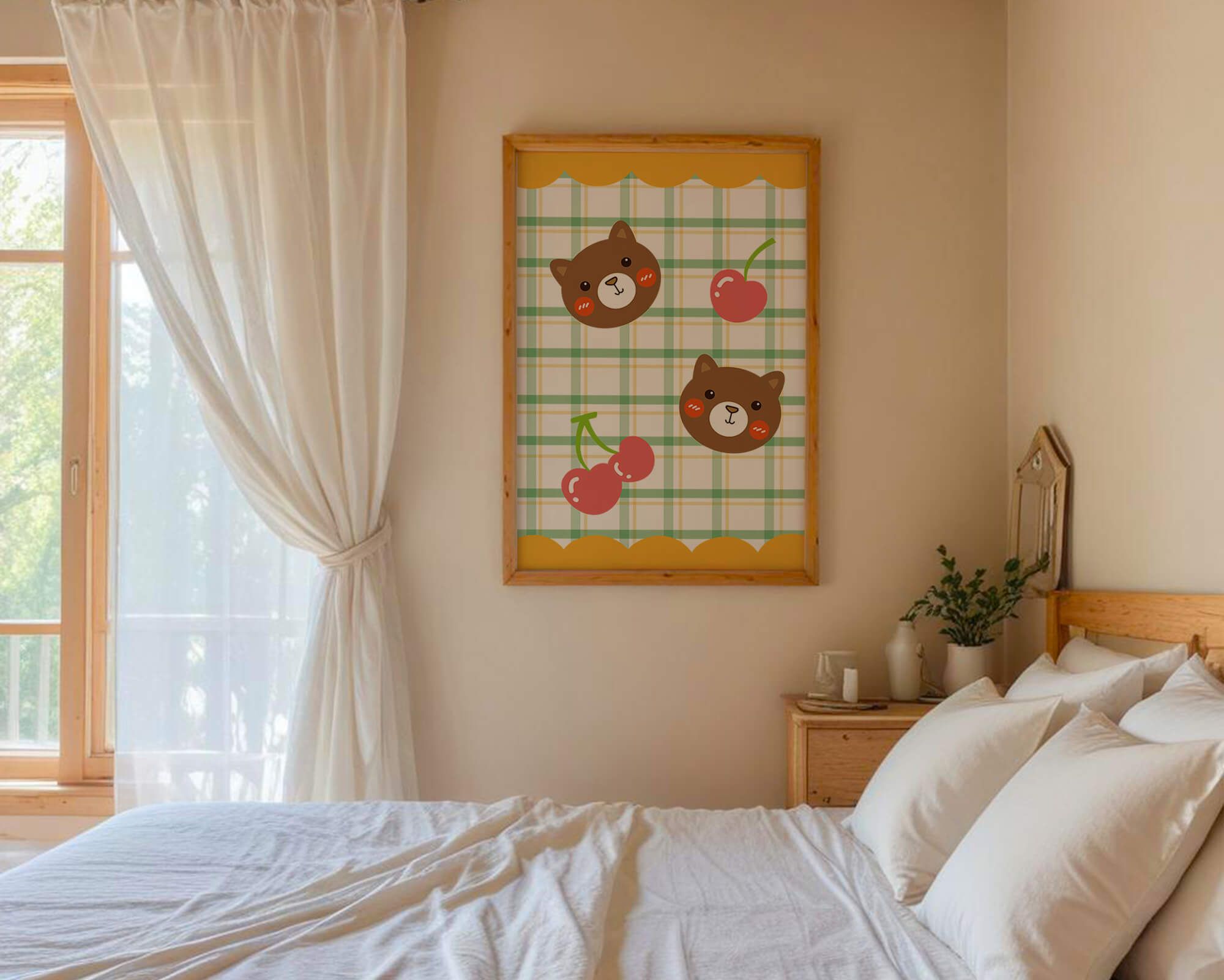 Playful bear and cherry pattern with plaid background