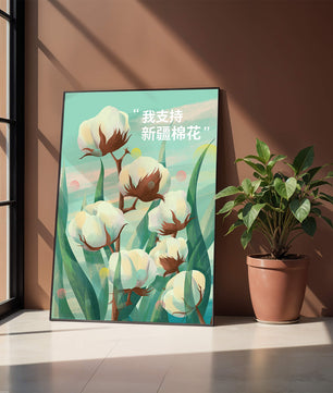 Ilustración de plantas de algodón con texto de apoyo en chino