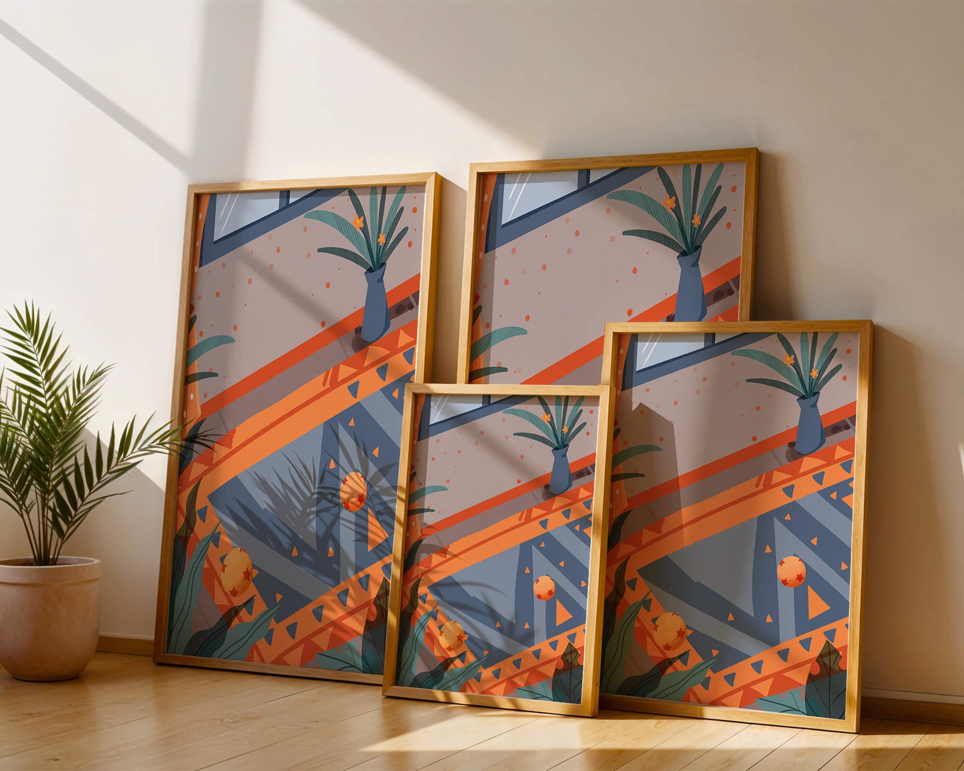 Interior abstracto moderno con patrones geométricos y planta