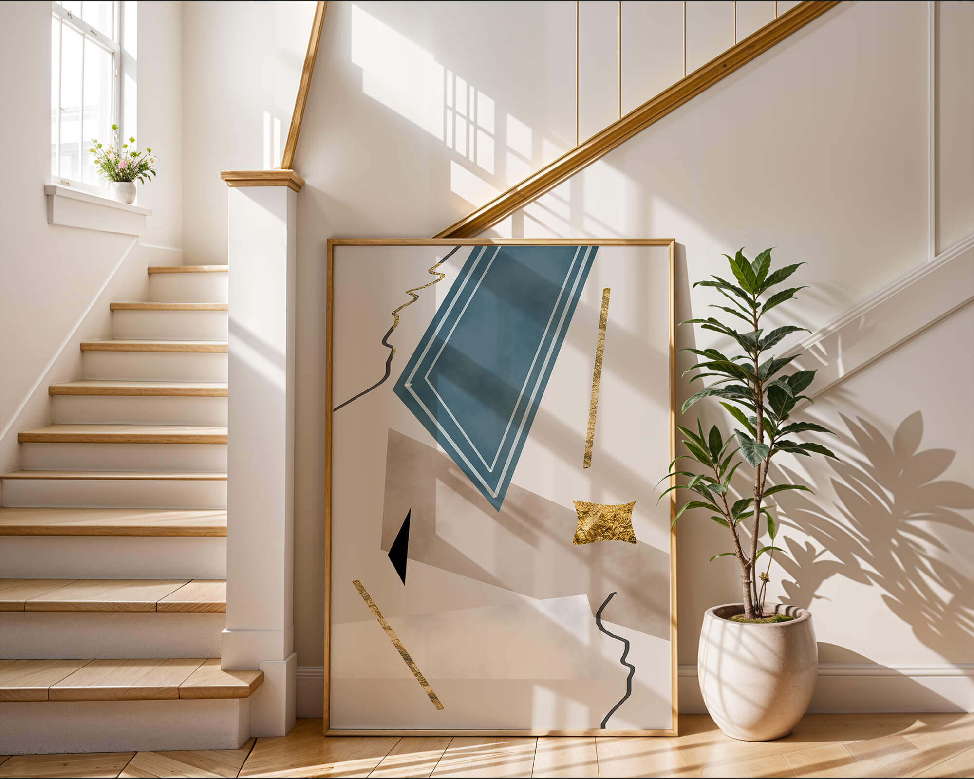 Abstract geometric artwork with gold accents and dynamic shapes