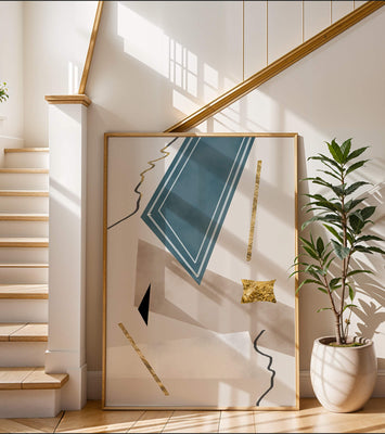 Abstract geometric artwork with gold accents and dynamic shapes