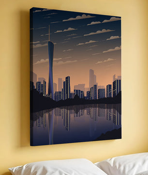 Skyline der Stadt bei Sonnenuntergang mit futuristischem Touch und Wasserspiegelung